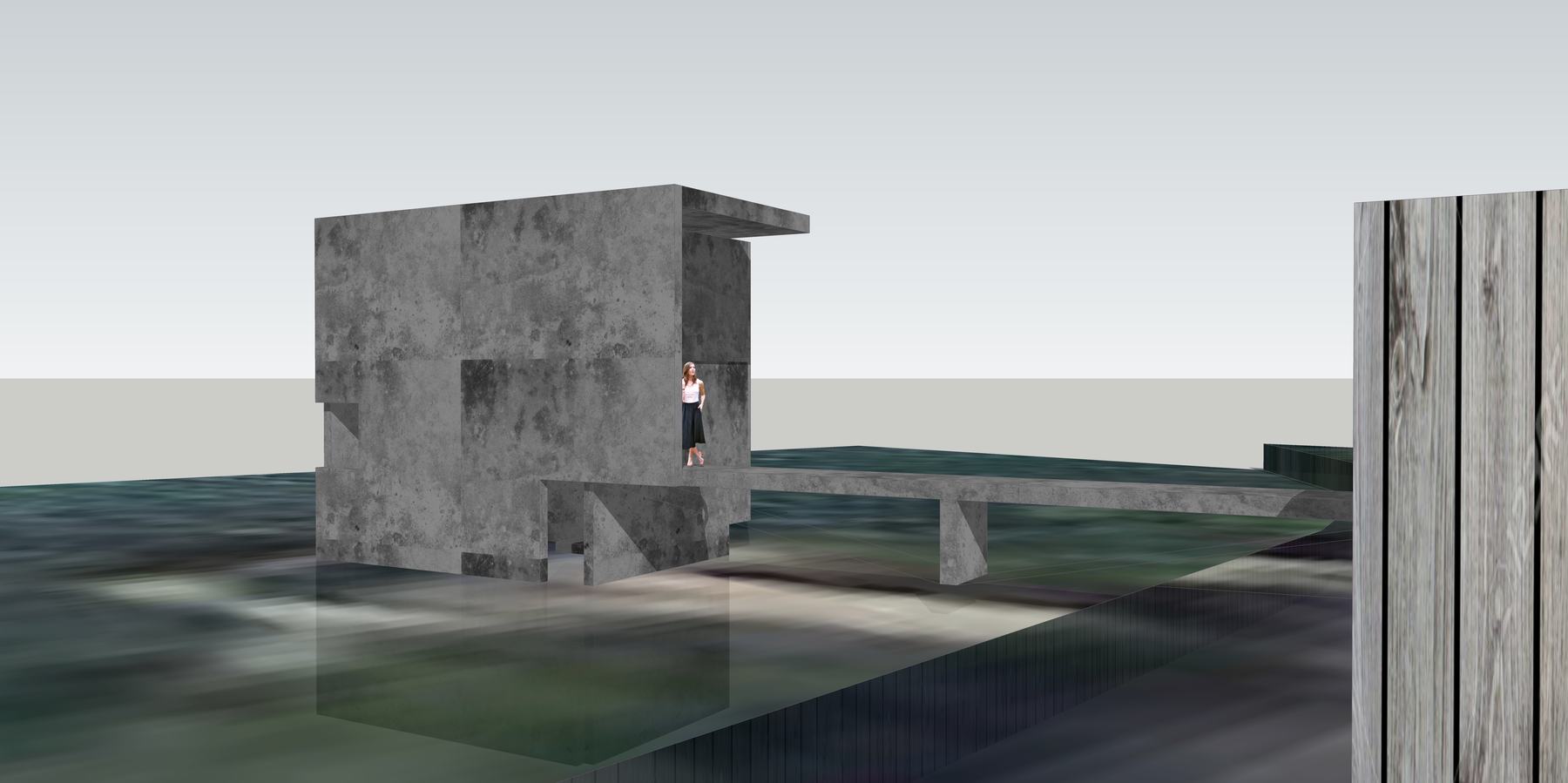 An early design model of the Tower House and cabins on the rocks