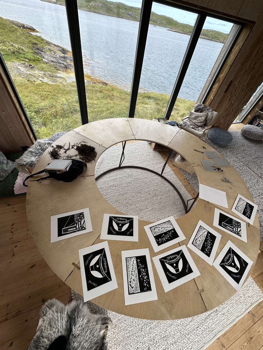 Prints laid out in a circle on the Studio House floor