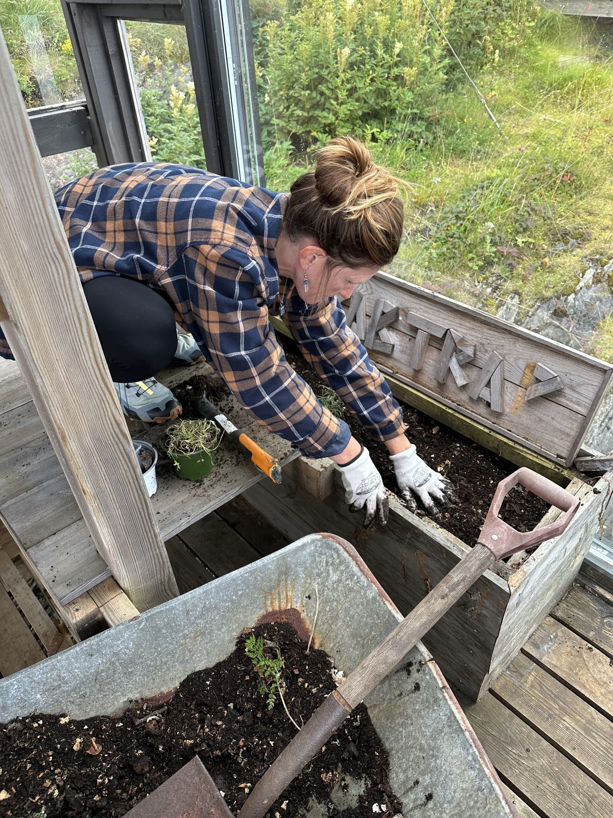 A steward digging in the garden beds beside the Kitchen House